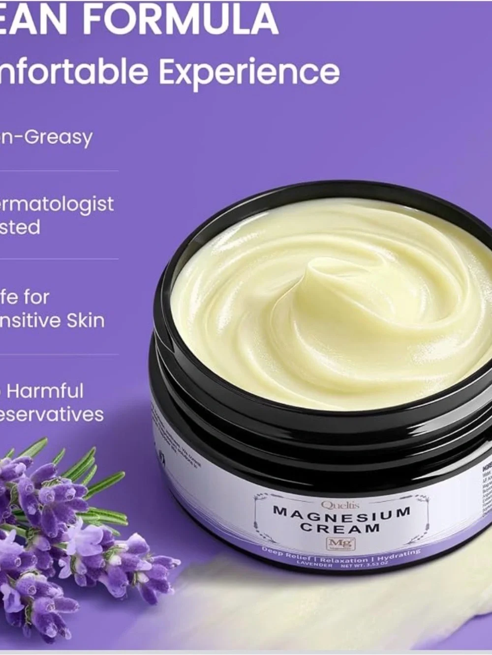Quelis Magnesium Cream — Lavender Relief (Purple & White Packaging)